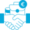 Icono azul de dos manos estrechándose con símbolo del euro, representando acuerdo financiero