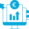 Icono azul de gráfico de crecimiento con símbolo del euro y una flecha ascendente