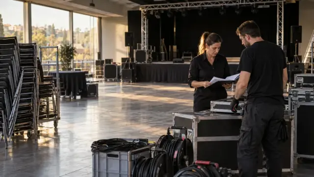 Coordinadora revisando material y documentación en un espacio de eventos