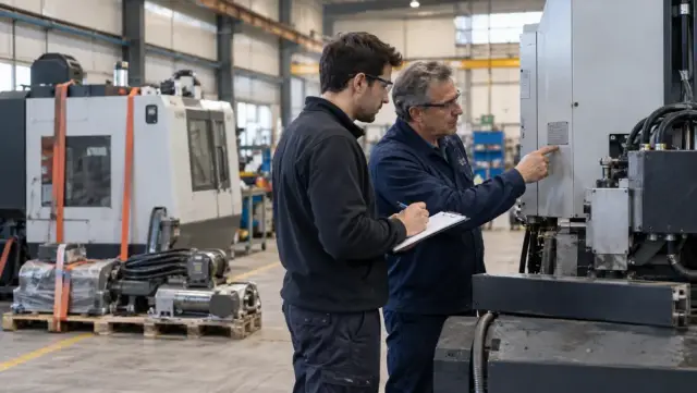 Técnicos revisando máquinas paradas y sus accesorios en una nave