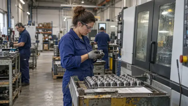 Trabajadora comprobando piezas en una línea industrial activa