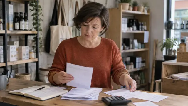 Propietaria ordenando documentos contables en un pequeño comercio