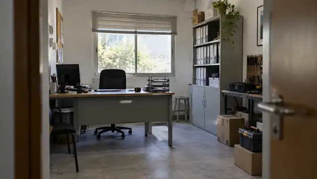 Oficina inactiva con documentación y herramientas guardadas