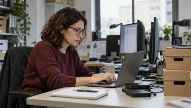 Programadora revisando equipos y archivos en una oficina tecnológica