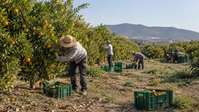 Recogida de fruta y cajas preparadas durante una campaña agrícola