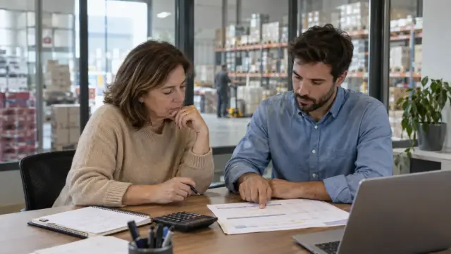 Socios de una empresa familiar revisando pagos en la oficina de su almacén