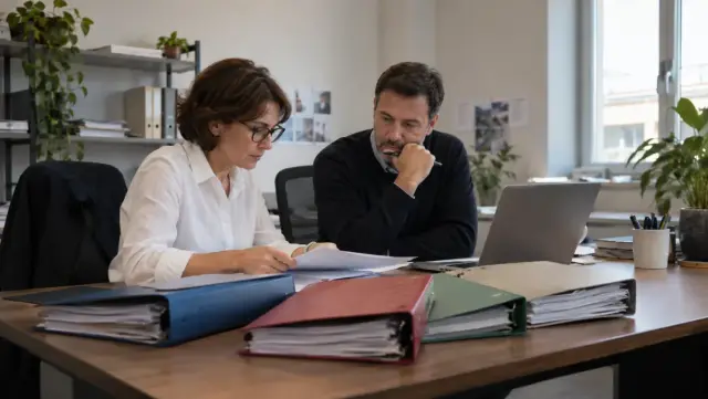 Responsables revisando información separada de cuatro sociedades