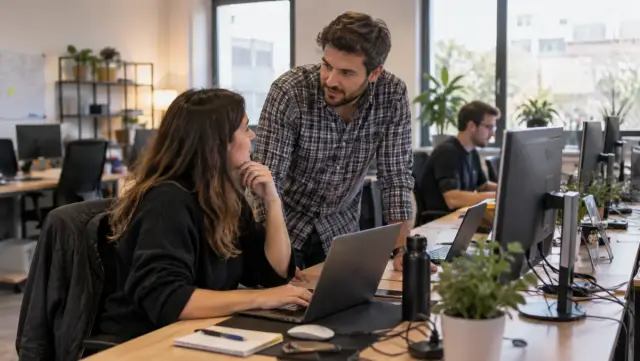 Equipo de software trabajando en una oficina con puestos libres