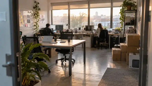 Oficina pequeña de una startup con equipos pendientes de instalar