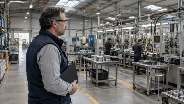 Responsable observando una fábrica de componentes con capacidad disponible