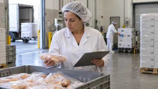 Responsable comprobando un suministro en una fábrica alimentaria