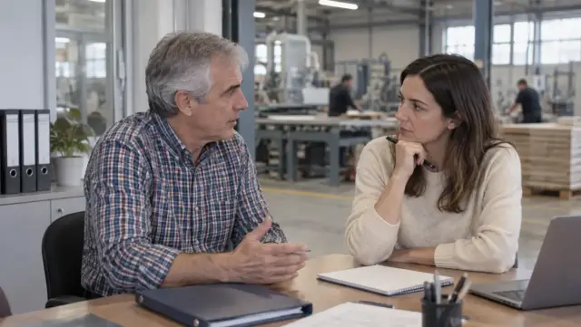 Socios familiares revisando financiación en la oficina de una fábrica