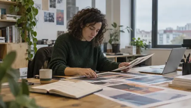 Directora de proyectos revisando versiones de diseño en una agencia