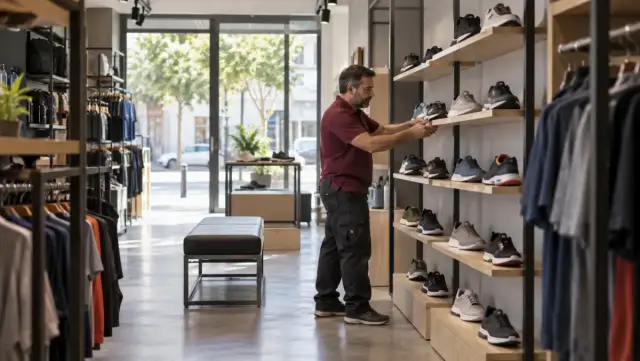 Comerciante reorganizando el catálogo de una tienda de deporte