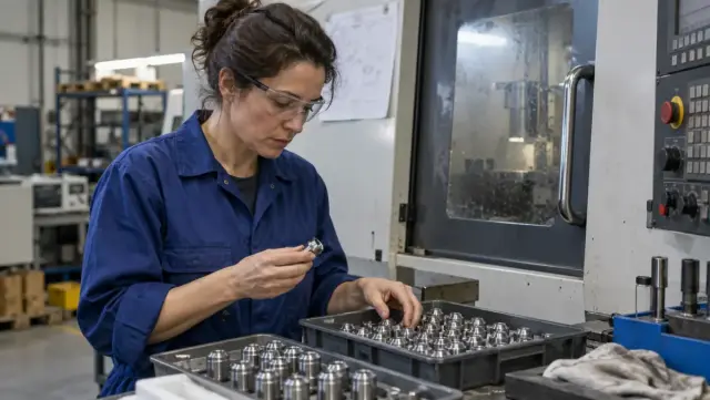 Responsable comparando series de componentes en una fábrica