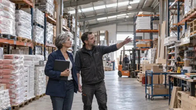 Responsables revisando zonas de comercio e instalaciones en un almacén familiar