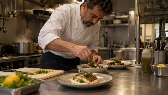 Cocinero preparando platos con ingredientes compartidos en un restaurante