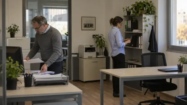 Equipo reorganizando puestos en una oficina de servicios administrativos