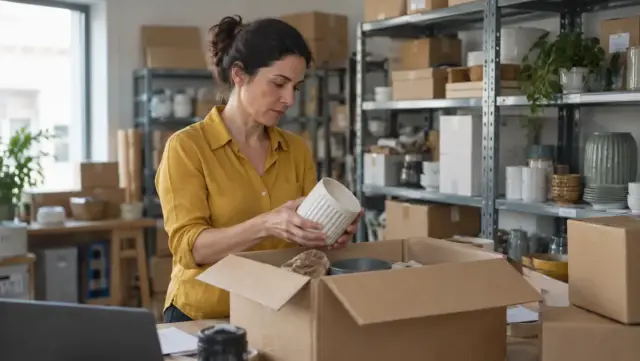 Persona revisando productos y existencias en el almacén de una tienda online
